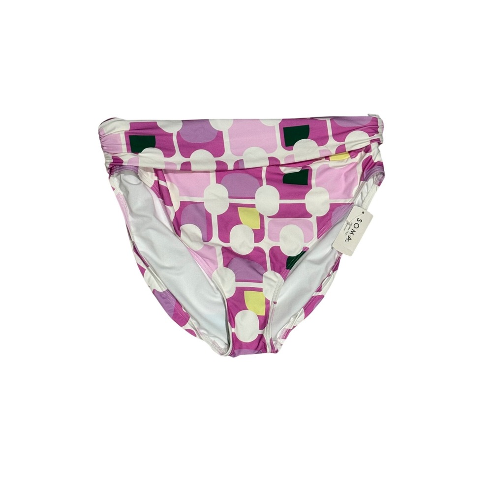 Soma Swim Bottom Women XL Pink Geo Fresco NWT High Waist Fold Over Retro